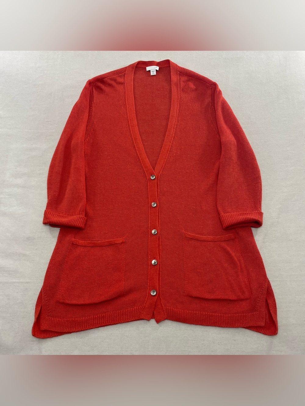 J Jill Medium Petite Linen Blend Coral Orange Button Down Cardigan With Pockets